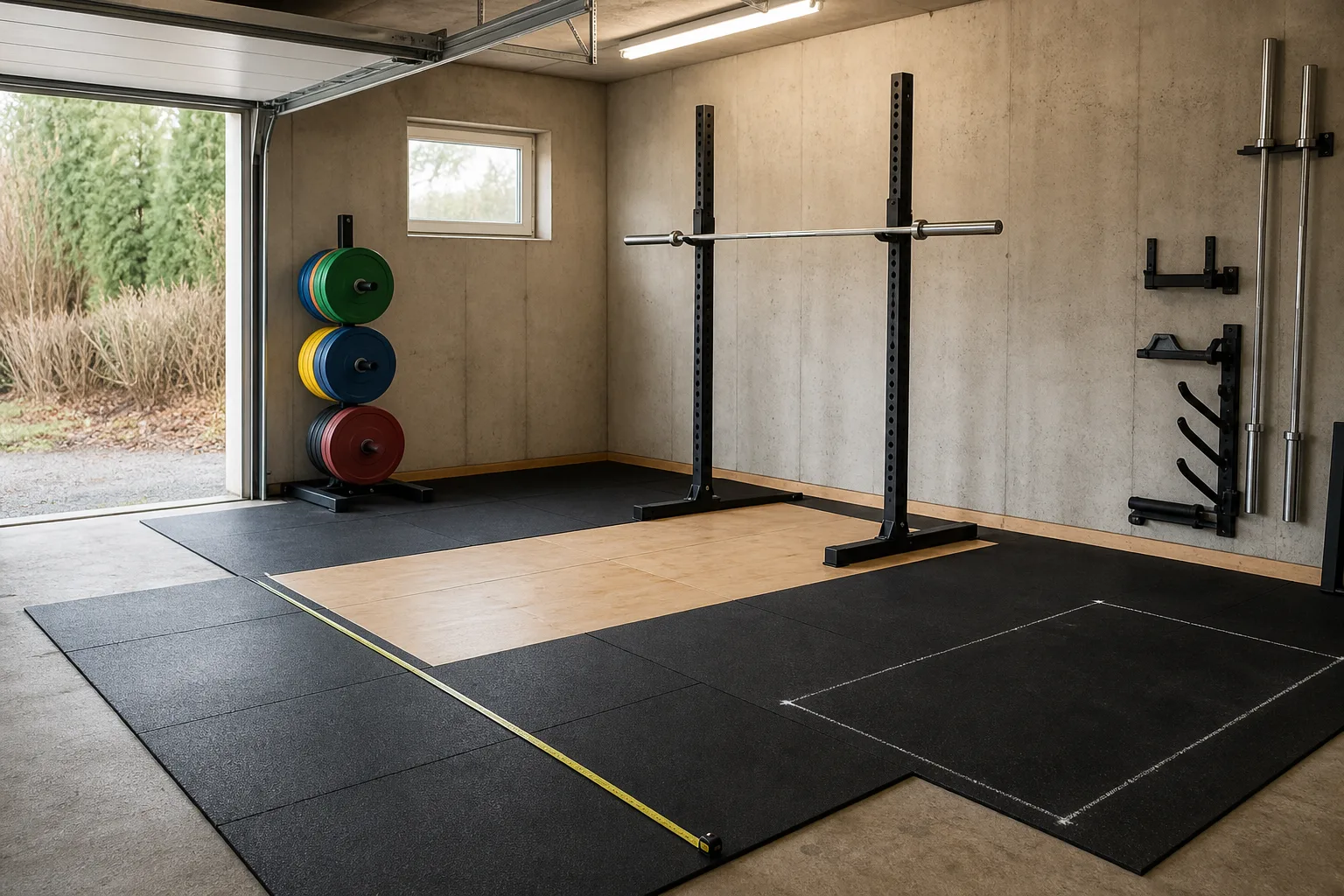 Planerat hemmagym med skivstång i rack och fri gångyta vid viktskivorna
