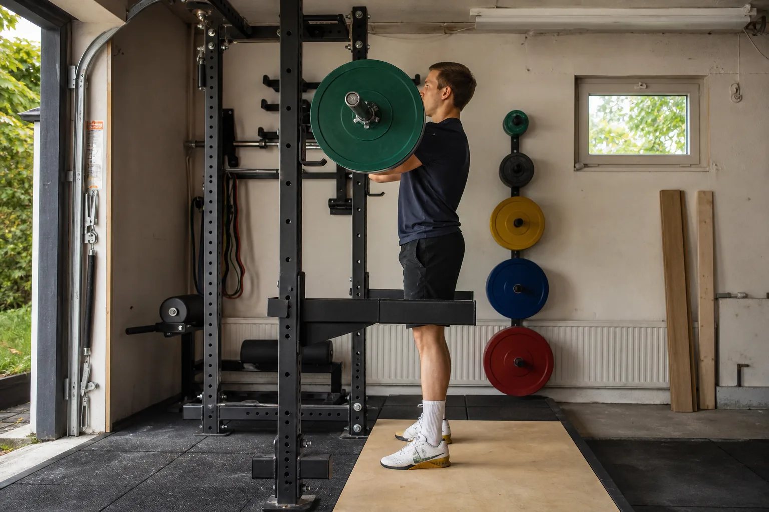 Lyftare med skivstången vilande framtill på axlarna och armbågarna högt
