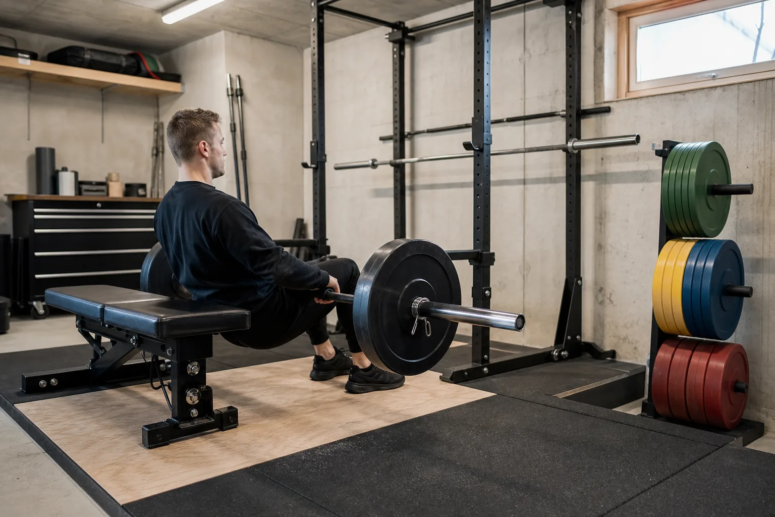 Person som förbereder höftlyft med skulderbladen mot bänk och stången över höften