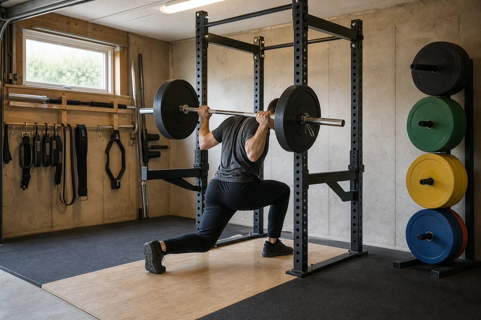 Lyftare som tar ett utfallssteg med skivstång på övre ryggen och fri plats åt sidorna